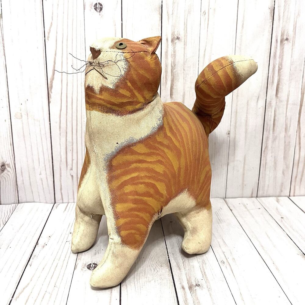Vintage Folk Art Orange Tabby Cat Door Stopper Fabric Covered Primitive Decor